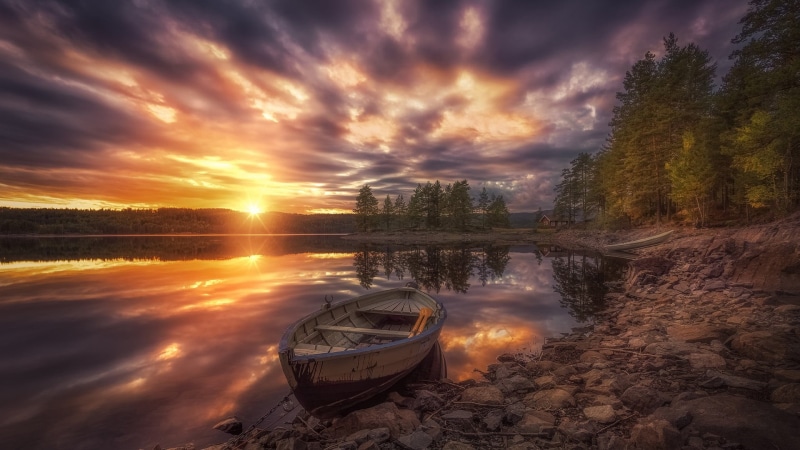 ringerike, boat, reflection, landscape, transportation, orange color, tree, 1080P, dawn, beauty in nature, lakeside, norway, mode of transportation, tranquility