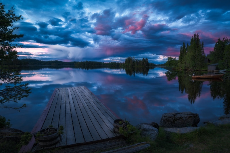 bridges, reflection, lake, boat, Norway, trees, RINGERIKE, 1080P, forest, the evening