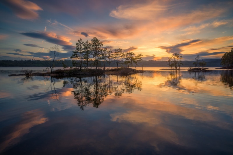 RINGERIKE, the sky, lake, trees, reflection, Norway, water, island, 1080P, sunset