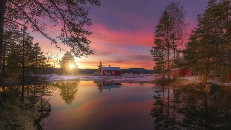 sunset, beauty in nature, water, cloud, cloud - sky, outdoors, architecture, ringerike, europe, orange color, dusk, tranquility, plant, tree, lake, evening
