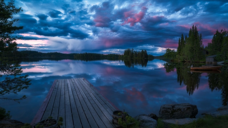 ringerike, lake, dusk, tree, pier, landscape, nature, 1080P, reflection, sky, water, cloud, evening, blue hour, cloudy, norway