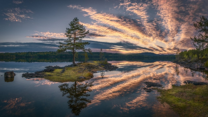 1080P, Norway, RINGERIKE, forest, clouds, reflection, lake, tree, island, pine