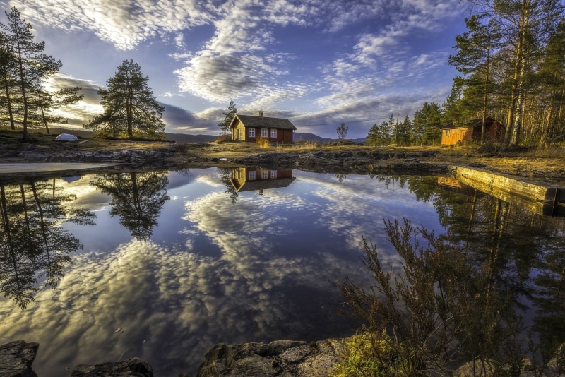 building, reflection, Norway, nature, architecture, lake, 1080P, cloud - sky, no people, tranquility, day, waterfront, RINGERIKE, beauty in nature, building exterior