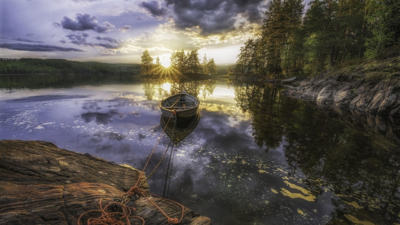 tree, landscape, ringerike, cloud, rock, water, nature, sky, bank, river, loch, wetland, reflection, morning, 4K, boat, lake, tranquil, eu, europe, wilderness
