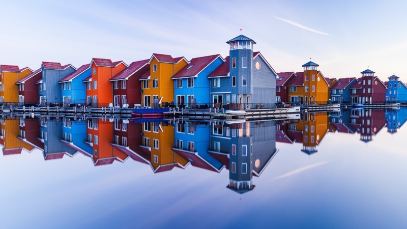 reitdiep marina, blue, europe, reitdiephaven, groningen, dutch, dutch houses, sky, 1080P, marina, scandinavian, harbour, scandinavian buildings, reflection