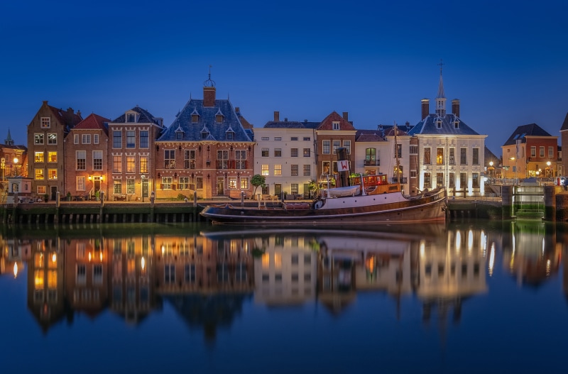 home, promenade, river, Maassluis, tug, pier, Netherlands, 5K, reflection, night city, building