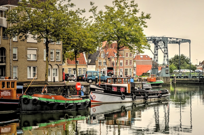 reflection, waterfront, building, drawbridge, port, tug, transportation, marnixkade, maassluis, delta, building exterior, moored, outdoors, canal, day