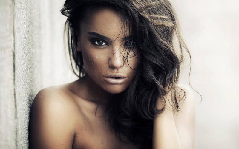brunette, looking at viewer, front view, hair, framed, young women, contemplation, water drops, portrait, beauty, hairstyle, s, Karen Abramyan, beautiful woman