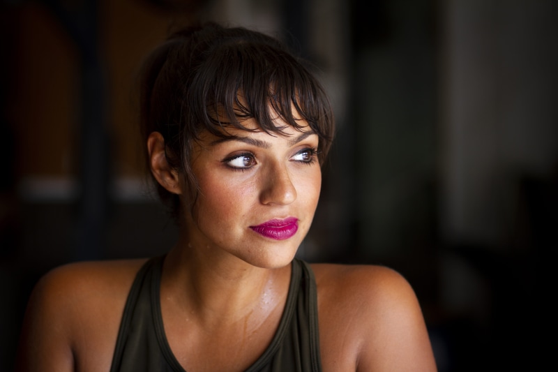 close-up, black, beautiful woman, skin, human face, one person, lipstick, fearless, makeup, emotion, portrait, standing, vest, brunette, workout, looking away