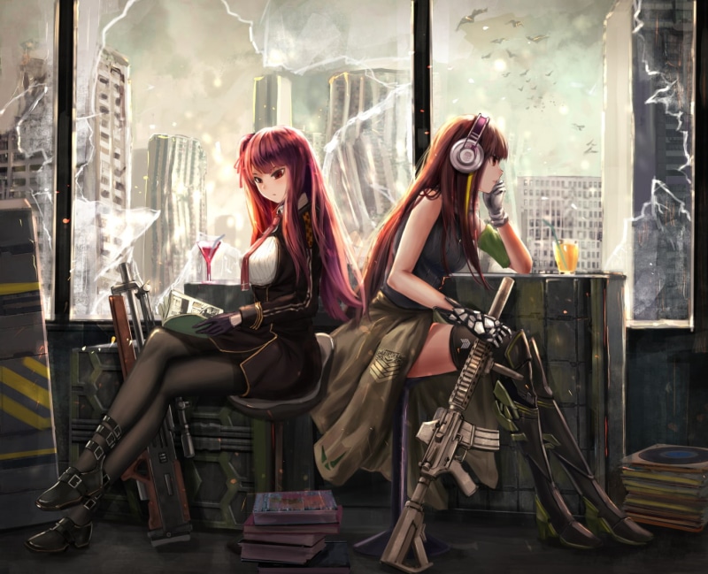 girls with guns, red eyes, redhead, weapon, anime girls, headphones, legs, anime, 720P, long hair