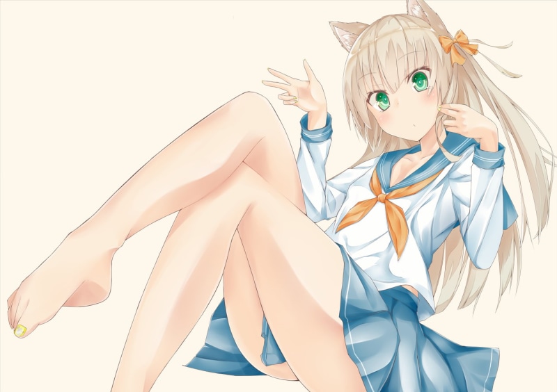 anime girls, green eyes, anime, blonde, animal ears, legs crossed, 720P, barefoot