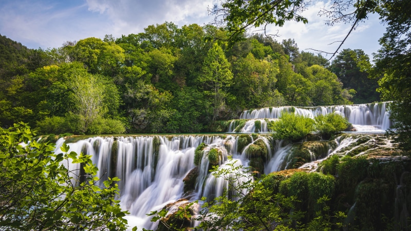 waterfall, cascade, trees, 5K, summer, Croatia, Dalmatia, Река Крка, forest, Krka River, Krka National Park, Skradinski Buk Waterfalls, Водопад Скрадинский