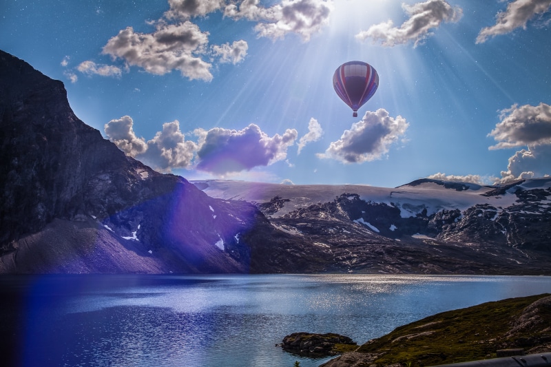 una, adventure, air, white, mountain, sky, scenics, balloon, noruega, clouds, distancia, white clouds, landscape, 5K, photoshop, hot Air Balloon, travel