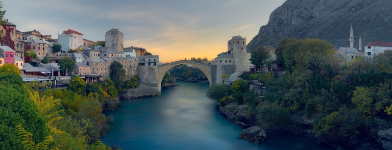Mostar, 1080P, bridge - man made structure, tourism, mountains, cloud - sky, Bosnia, travel, sky, old, river, landscape, sunset, connection, travel destinations