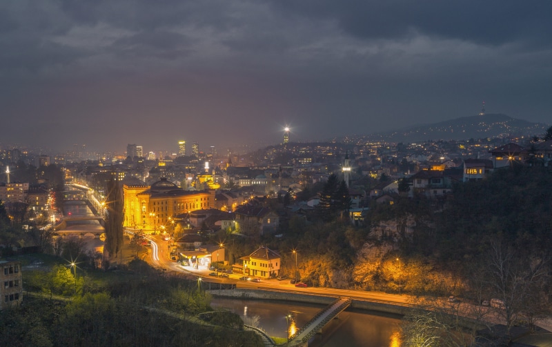dusk, city, cityscape, night, sarajevo, office building exterior, built structure, street, cloud - sky, transportation, 4K, outdoors, building exterior