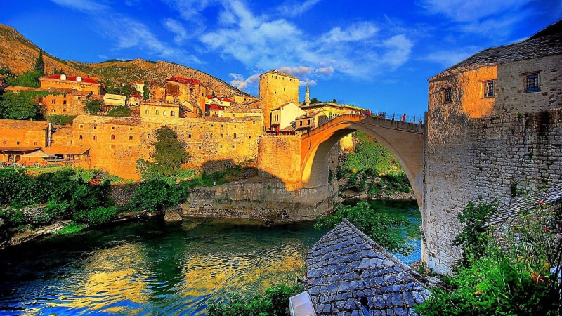 mostar, bosnia and herzegovina, bridge, historic site, city, bosnia, blue sky, ancient city, historical, stari most, old bridge, 1080P