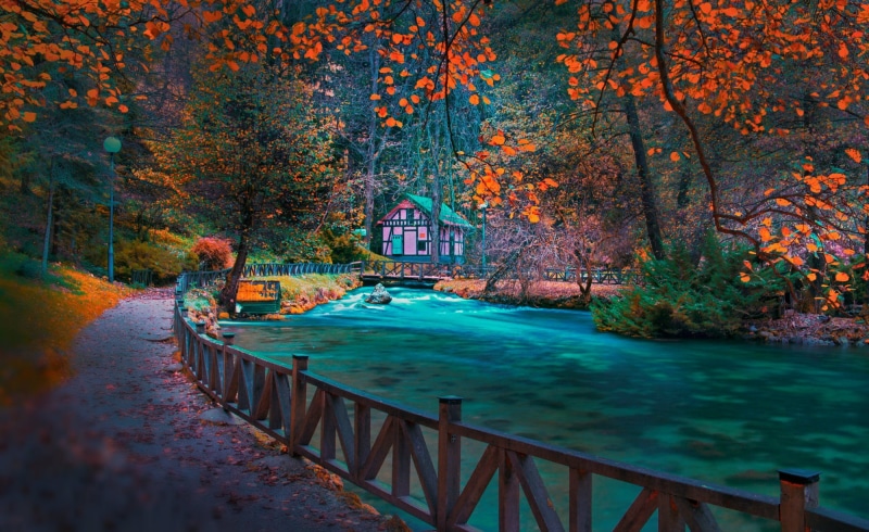 autumn Park, Bosnia, near, water, photography, 1080P, house, focus, river, selective, Sarajevo, calm, body, track