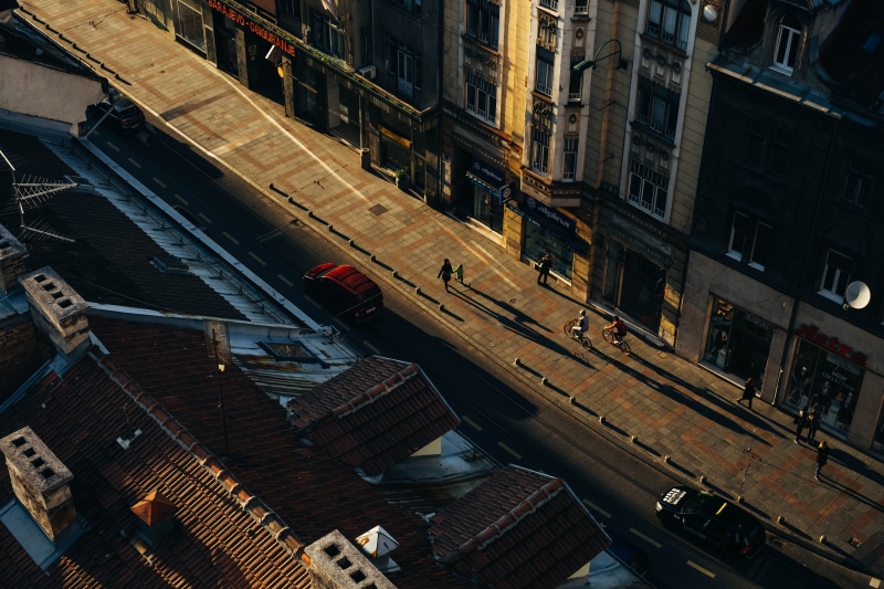 goldenhour, child, land vehicle, nature, sunset, high angle view, tilt, day, building exterior, residential district, photography, sarajevo, architecture