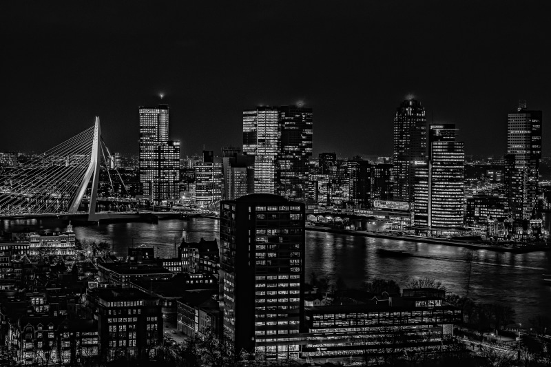 nature, rotterdam, urban skyline, 5K, outdoors, erasmus bridge, building, no people, landscape, financial district, architecture, city, water, river, built structure