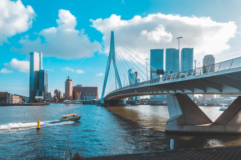 boat, city, orange, yellow, bridge - man made structure, urban skyline, building, erasmusbrug, financial district, cloud - sky, 5K, outdoors, transportation