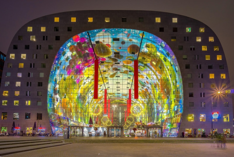 Markthal, night, Rotterdam, Netherlands, lights, indoor market, 1080P