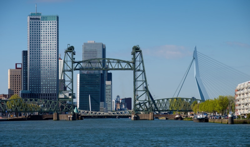 river, 2K, bridge, cityscape, skyline, maastoren, financial district, nature, sky, railway bridge, building exterior, erasmus bridge, monument, transportation