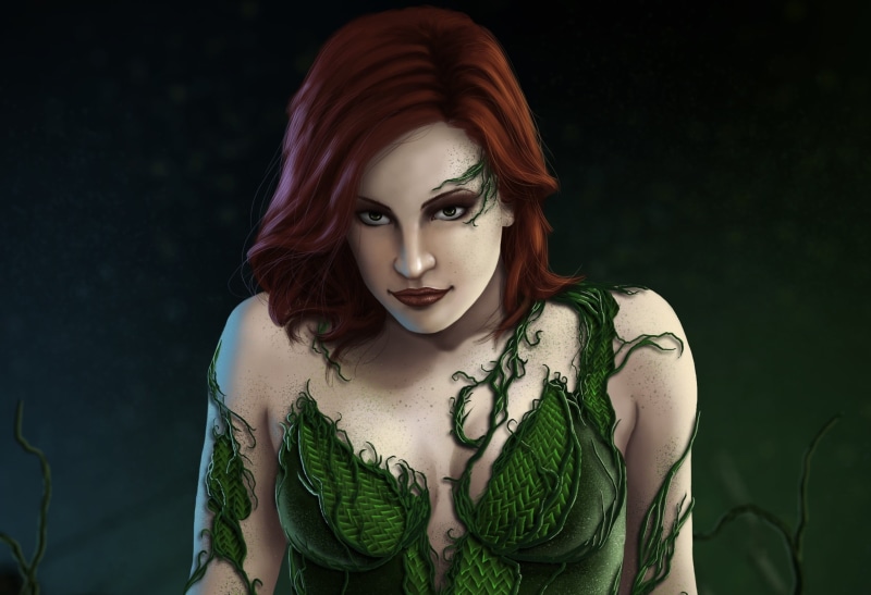 women, dress, green color, Poison Ivy, redhead, lifestyles, green, hairstyle, adult, black background, young women, pink, artwork, traditional, s, headshot