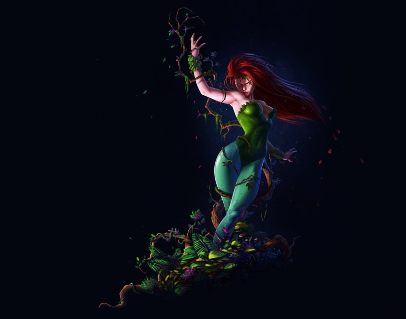 women, fashion, beauty, copy space, water, clothing, artwork, young adult, full length, fantasy art, hairstyle, black background, multi colored, Poison Ivy