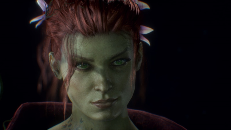 close-up, portrait, body part, human face, blond hair, looking at camera, emotion, one person, Poison Ivy, women, indoors, 1080P, dark, adult, looking