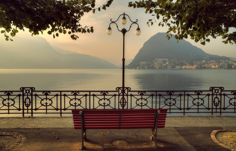 tranquil scene, wooden, mountains, nature, Ticino, 1080P, tranquility, promenade, lantern, scenics - nature, sky, mountain, beauty in nature, bench, mountain range