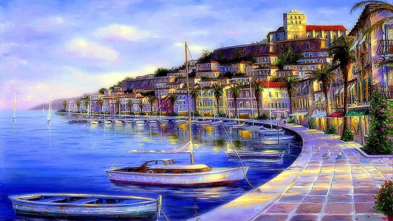 sky, waterfront, boat, building, building exterior, no people, cityscape, city, canvas, art, painting, day, evening, built structure, sea, dusk, paint