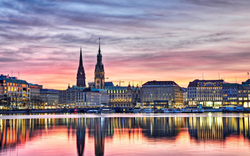 lights, hamburg, sunset, 2K, promenade, view