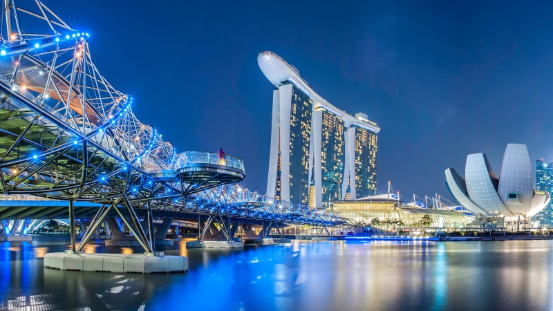 facilities, Singapore, 2K, promenade, lights, sands, neon, night, building, river, Helix Bridge, marina, bridge, Marina Bay Sands, design, bay