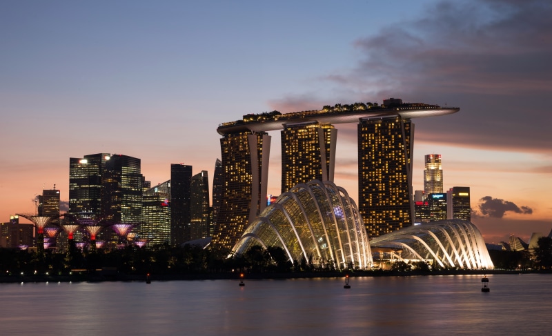 sands, Singapore, lights, skyscrapers, bay, marina, building, 5K, night, promenade
