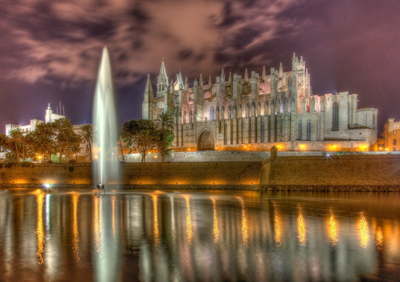 Cathedral, 1080P, Palma de Mallorca, Palma, Cathedral of Santa Maria of Palma, Spain, pond, The Seu, fountain, Palma Cathedral, The Cathedral of Santa Maria
