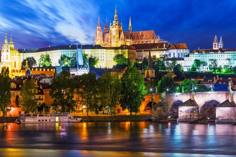 architecture, town, castle, gothic, outdoors, night city, gothic Style, the Vltava river, history, religion, nature, cathedral, Czech Republic, tourism