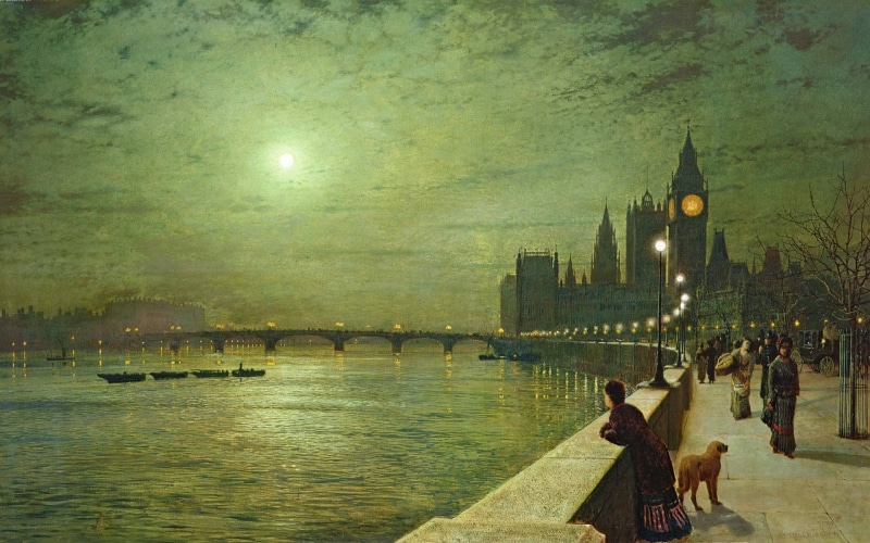 painting, buildings, cities, People, night, Promenade, 1080P, art, rivers, Moon, atkinson, john, Grimshaw