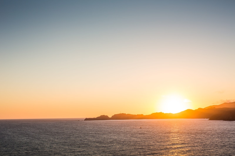 california, blue, bay, coastline, cloudless, dusk, summer, tranquil Scene, landscape, water, sun, room for text, outdoors, sea, scenics, sunlight, horizon