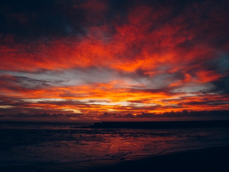 tranquil, oceanshore, water, oceanside, view, no people, horizon, land, dramatic sky, orange color, dark, seascape, nature, outdoors, beauty in nature