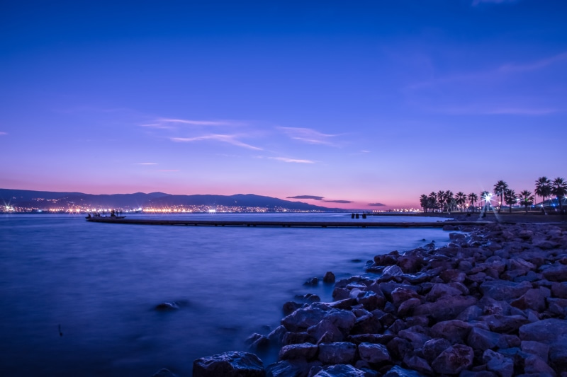 rock - object, tranquil scene, twilight, sky, oceanside, stones, outdoors, jetty, dawn, rocky shore, scenics - nature, cloud - sky, shore, blue, 4k