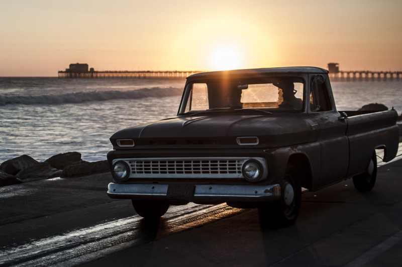 no people, car, california, oceanside, truck, land, motor vehicle, land vehicle, retro styled, beach, water, mode of transportation, sunset, sea, strand