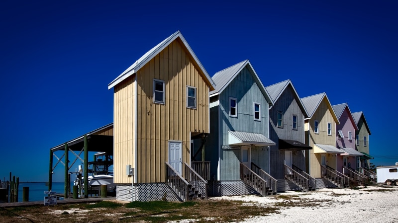 wood - material, hut, day, ocean, alabama, sea, sky, in a row, seaside, wooden, 1080P, houses, no people, hdr, beach, oceanside, holiday, bay, dauphin island