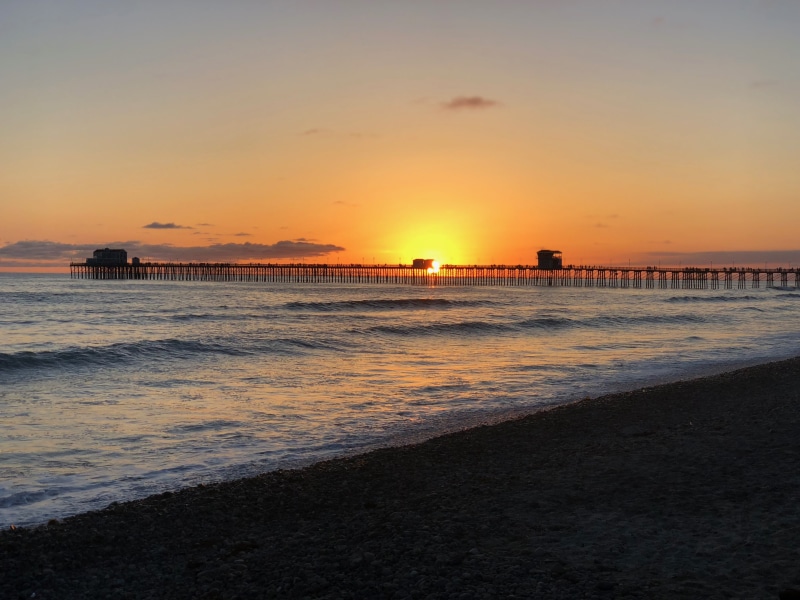 no people, architecture, wave, sea, calm, idyllic, sky, scenics - nature, nature, orange color, sun, water, pier, ocean, body, dawn, beach, tranquility