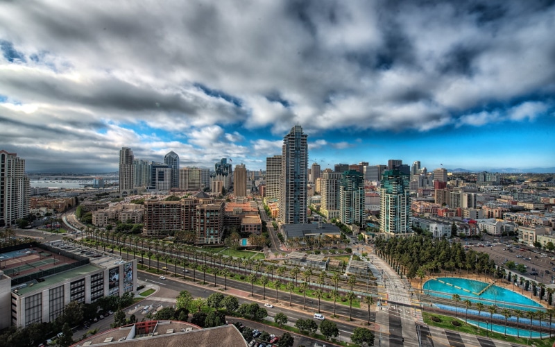 no people, residential district, built structure, nature, urban skyline, high angle view, skyscraper, 1080P, cityscape, transportation, cloud - sky, road