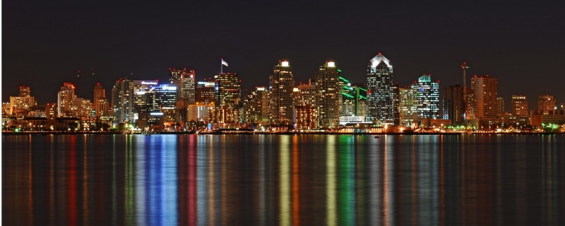 city, financial district, San Diego, multi colored, office building exterior, reflection, sky, night, no people, architecture, modern, landscape, water