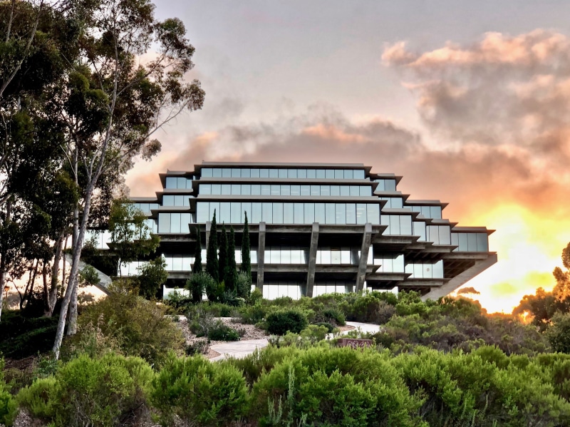 san diego, city, modern, geisel library, apartment, built structure, nature, low angle view, environment, day, growth, united states, building exterior