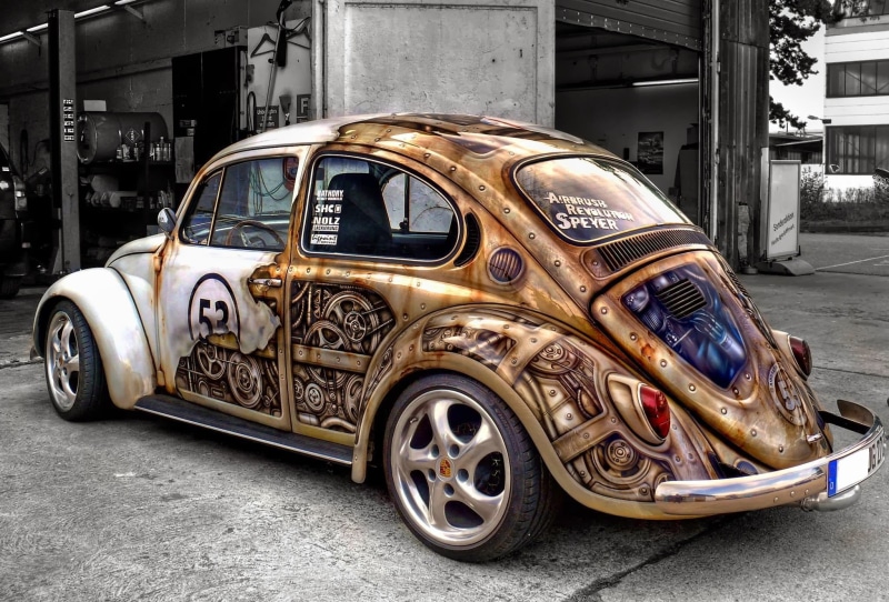 transportation, tire, outdoors, city, architecture, 1080P, stationary, motor vehicle, Volkswagen Beetle, steampunk, no people, building exterior, car