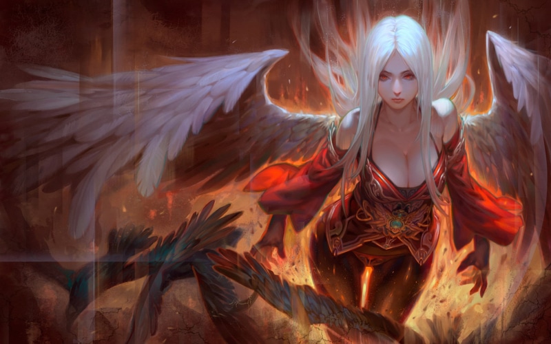 hair, angel, fire, girl, wings, white, eyes, 1080P, art, red, hd
