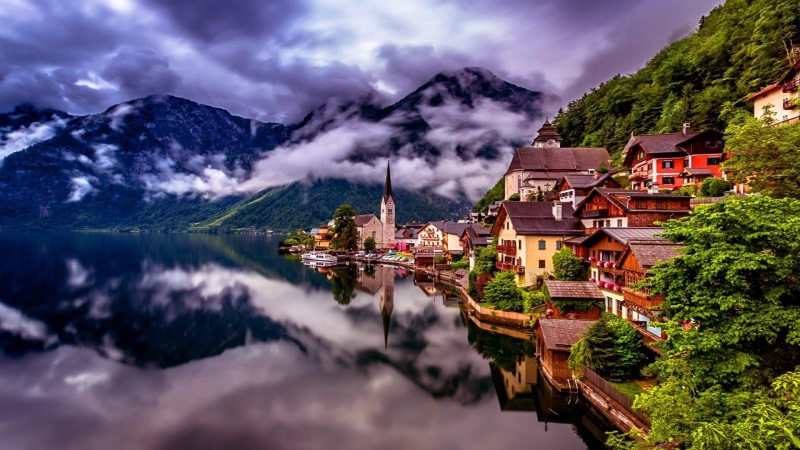 city, village, clear, 1080P, hallstatt, reflection, clouds, amazing, mountains, reflected, salzkammergut, lake