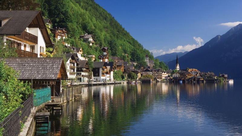 mountain, scenics, vacations, tree, The Salzkammergut, european Alps, building Exterior, europe, Hills, 1080P, water, Forest, day, building, famous Place